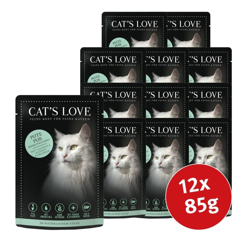 Cat's Love Nassfutter Pute Pur mit Lachsöl / Katzengamander 12x85g