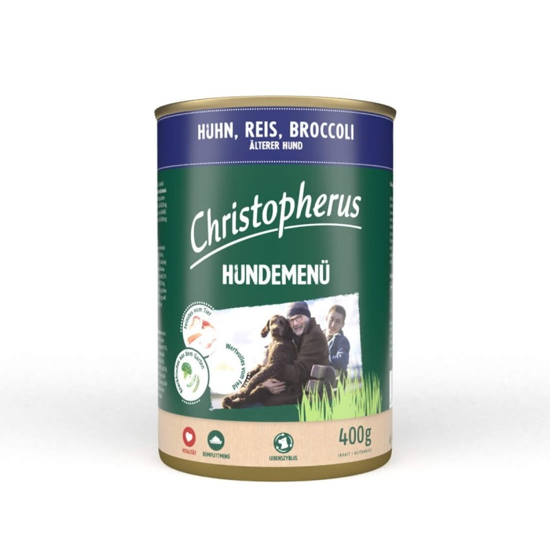 Christopherus Hundemenü Senior mit Huhn, Reis und Broccoli 12x400g