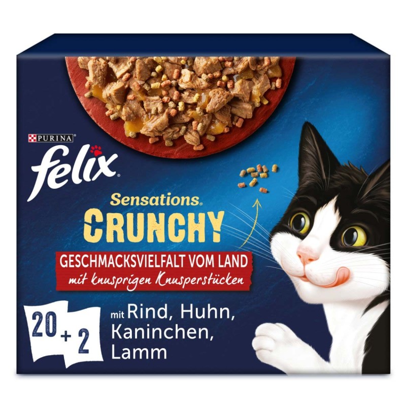 FELIX Sensations Crunchy in Gelee Geschmacksvielfalt vom Land 20x84g und 2x40g Knusperstückchen