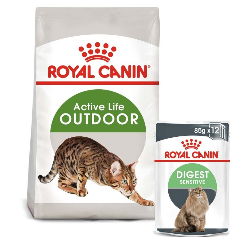 ROYAL CANIN OUTDOOR Trockenfutter 2kg und  Digest Sensitive Nassfutter 12x85g