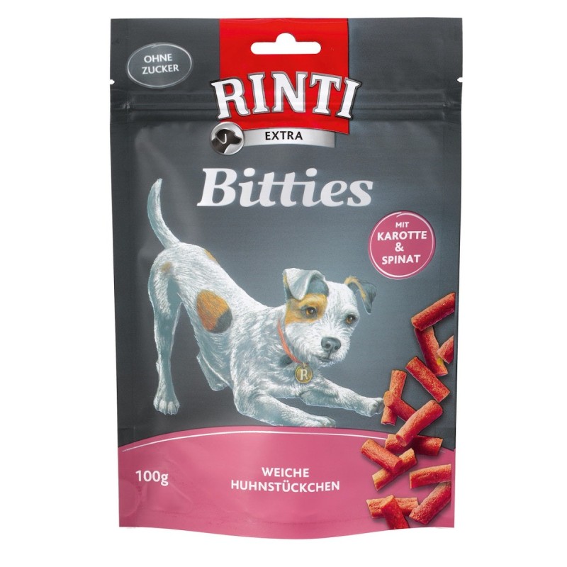 RINTI Extra Bitties 100 Gramm Hundesnack Sparpaket 12 x 100 Gramm Huhn, Karotte & Spinat