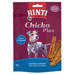 RINTI Chicko Plus 80 Gramm Hundesnacks Sparpaket 12 x 80 Gramm Fischstäbchen mit Lachs & Huhn