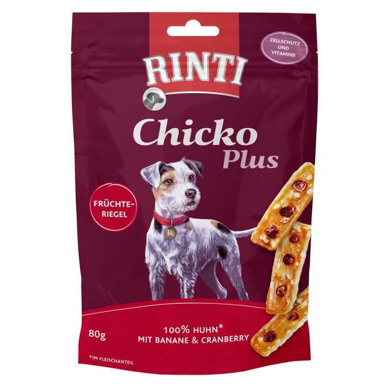 RINTI Chicko Plus 80 Gramm Hundesnacks Sparpaket 12 x 80 Gramm Früchteriegel mit Huhn