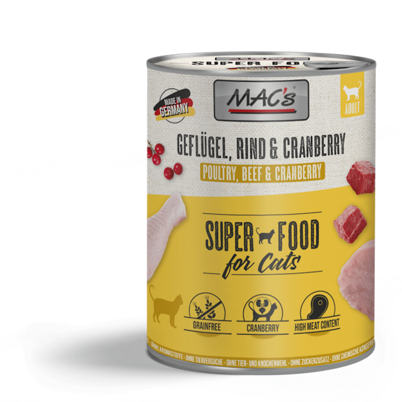 MAC's Cat 800g Dose Katzennassfutter Sparpaket 12 x 800 Gramm Geflügel, Rind & Cranberry