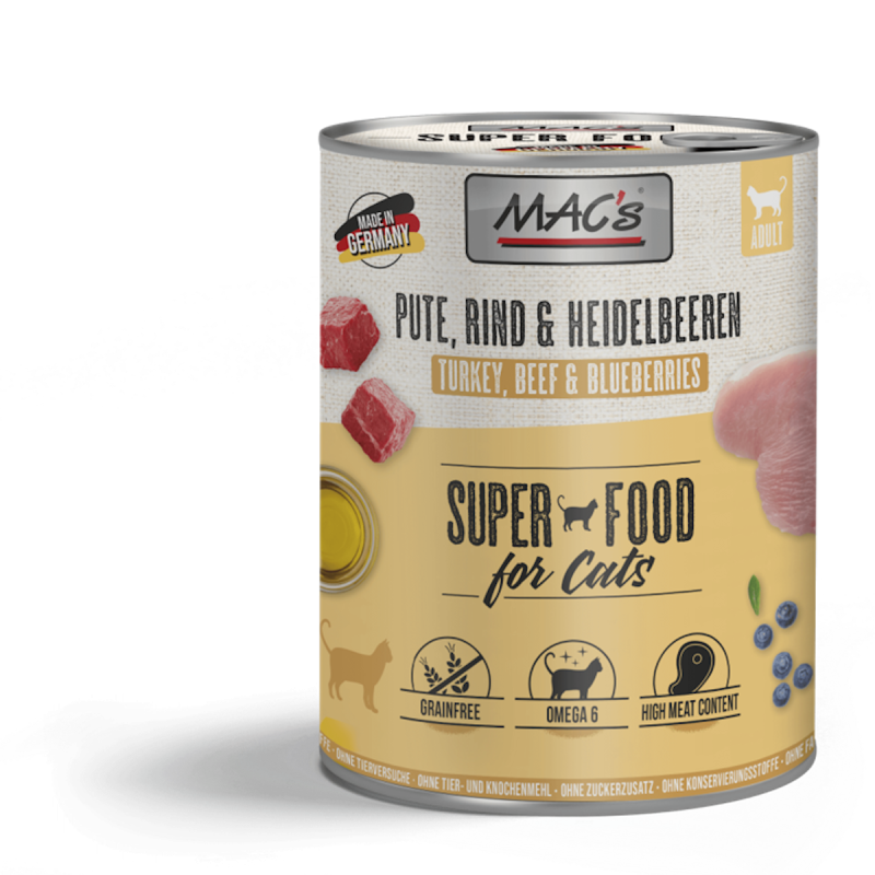 MAC's Cat 800g Dose Katzennassfutter Sparpaket 12 x 800 Gramm Pute, Rind & Heidelbeeren