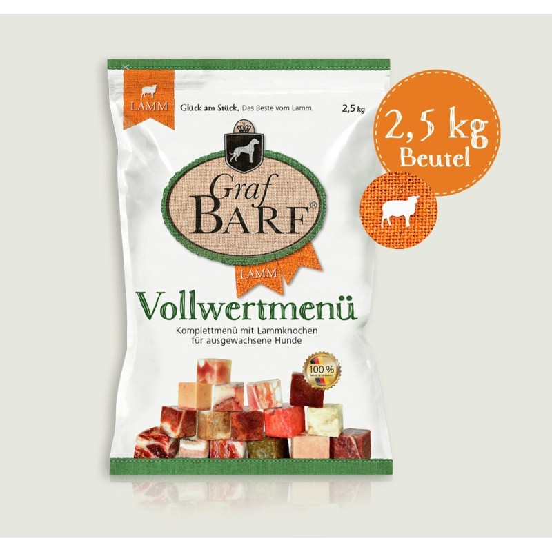 Graf Barf Vollwertmenü Lamm Spezialfutter / Frostfutter für Hunde Sparpaket 8 x 2,5 Kilogramm