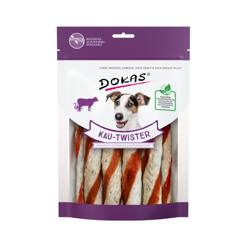 DOKAS Kau-Twister 200 Gramm Hundesnacks Rinderhaut, Entenherz & Entenbrust 9 x 200 Gramm