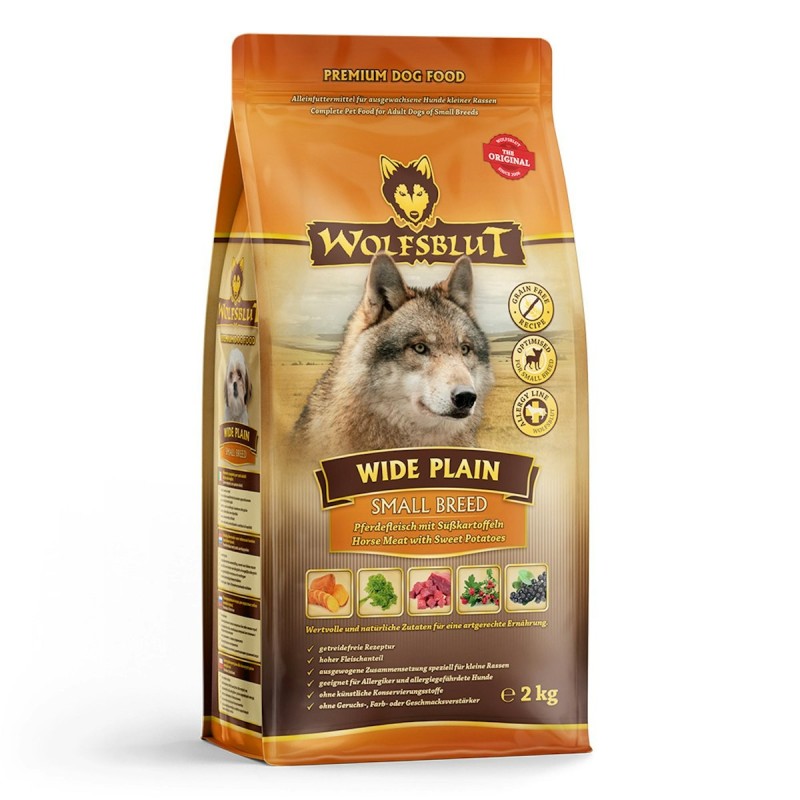 WOLFSBLUT Wide Plain Small Breed Pferdefleisch mit Süßkartoffel Hundetrockenfutter 2 Kilogramm