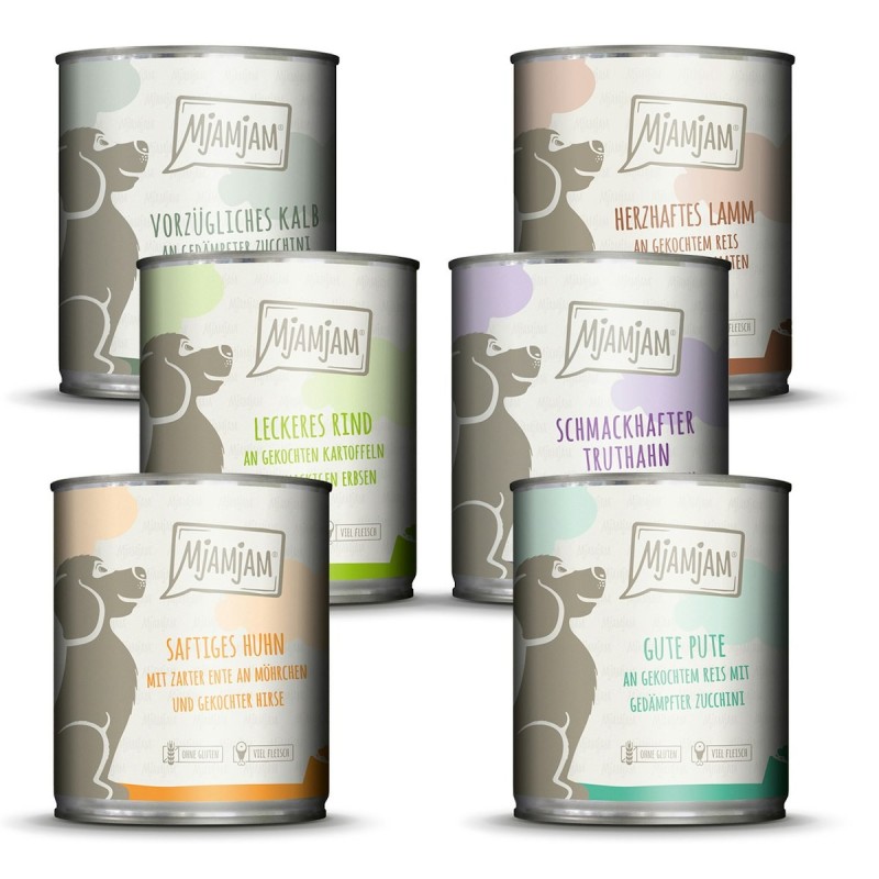 MJAMJAM Mixpaket 6 x 800g Dose Hundenassfutter Mixpaket II - Huhn & Ente, Rind, Pute, Kalb, Truthahn, Lamm