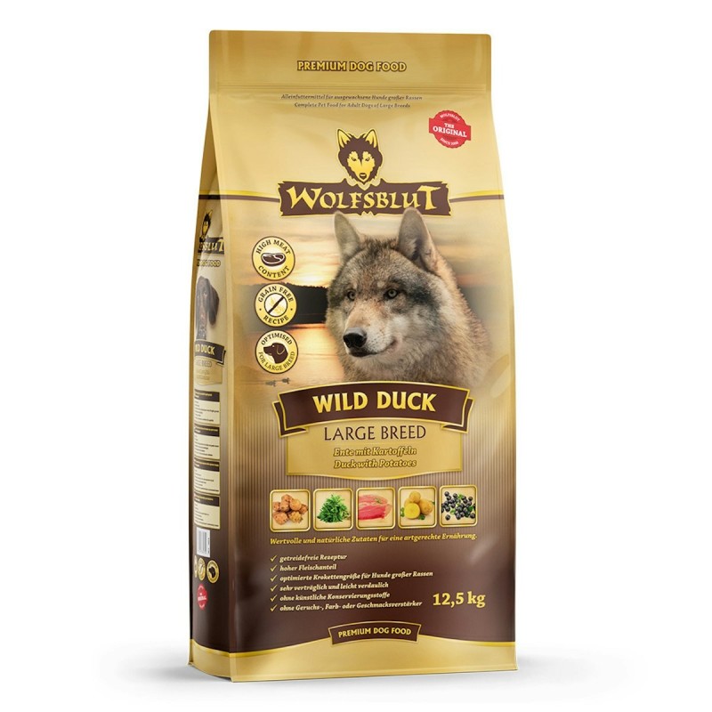 WOLFSBLUT Wild Duck Large Breed Ente mit Kartoffeln Hundetrockenfutter 12,5 Kilogramm