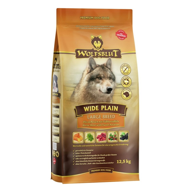 WOLFSBLUT Wide Plain Large Breed Pferdefleisch mit Süßkartoffeln Hundetrockenfutter 12,5 Kilogramm