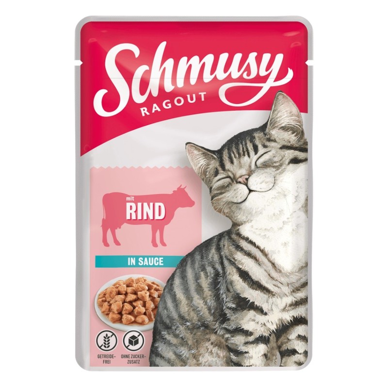 SCHMUSY Ragout Pouch in Sauce 100g Frischebeutel Katzennassfutter Sparpaket 44 x 100 Gramm Rind