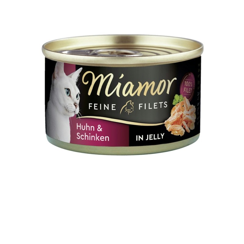 Miamor Feine Filets in Jelly 100g Dose Katzennassfutter Sparpaket 48 x 100 Gramm Huhn & Schinken