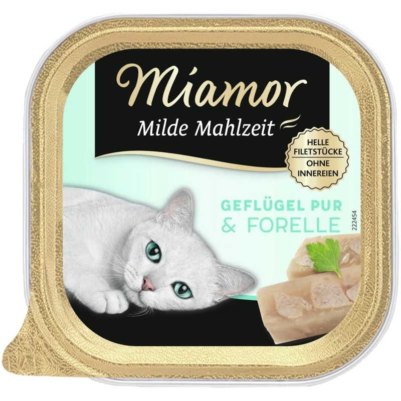 Miamor Milde Mahlzeit 100g Schale Katzennassfutter Sparpaket 32 x 100 Gramm Geflügel Pur & Forelle