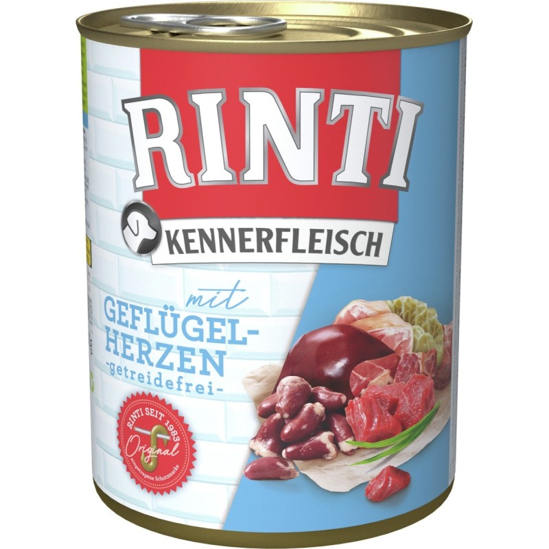 RINTI Kennerfleisch 800g Dose Hundenassfutter Sparpaket 24 x 800 Gramm Geflügelherzen