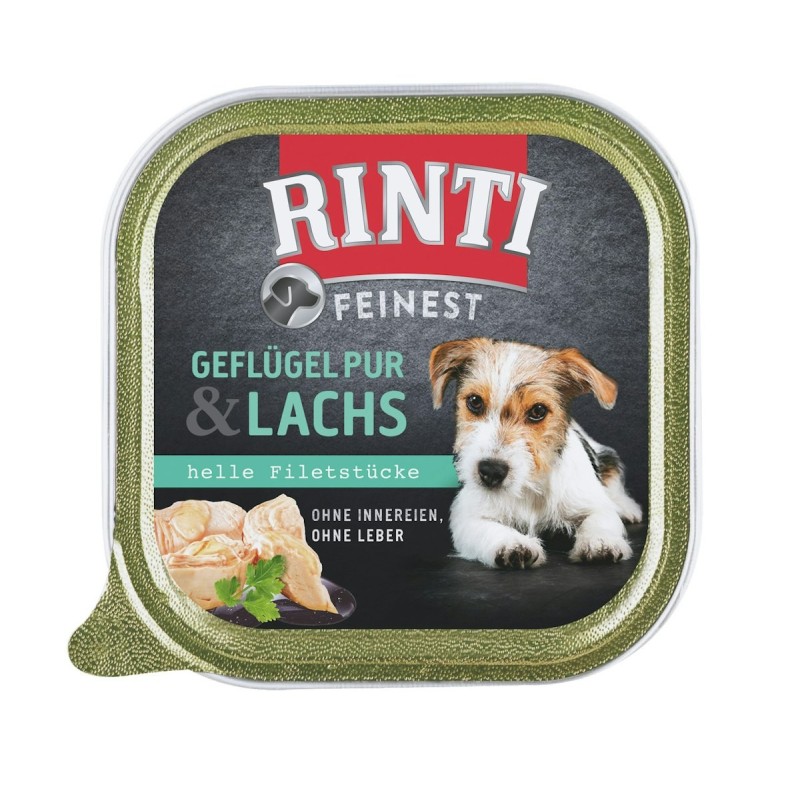 RINTI Feinest 150g Schale Hundenassfutter Sparpaket 22 x 150 Gramm Geflügel Pur & Lachs