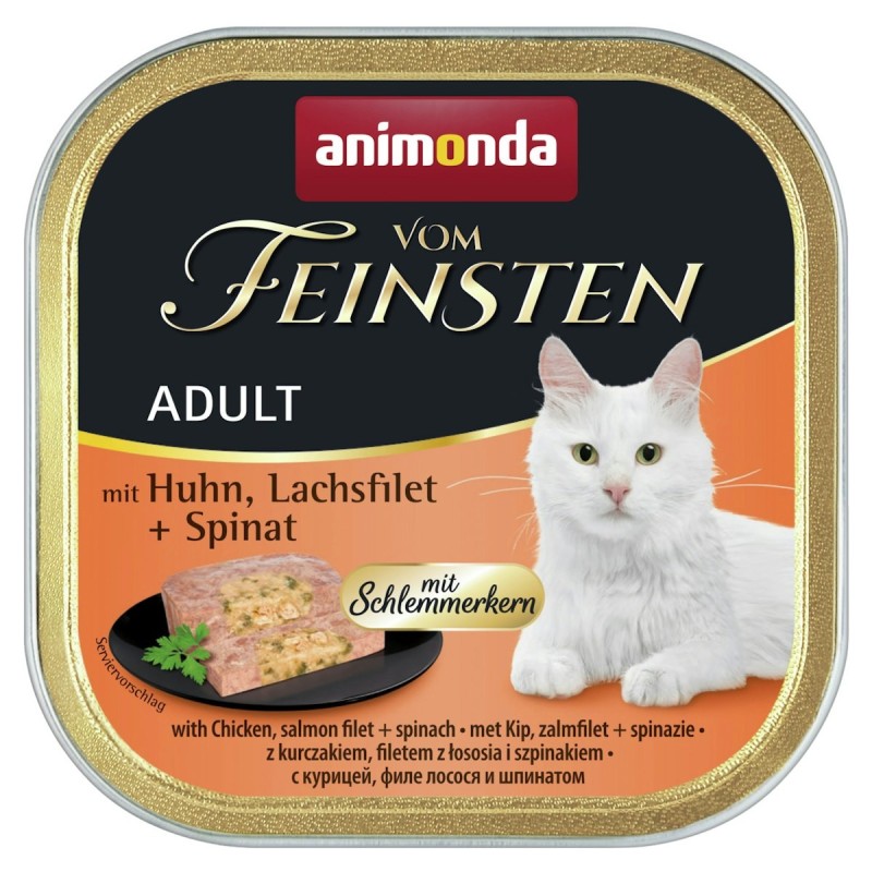 animonda Vom Feinsten Adult mit Schlemmerkern 100g Schale Katzennassfutter 32 x 100 Gramm Huhn, Lachsfilet + Spinat