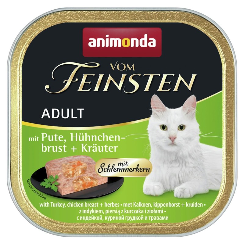 animonda Vom Feinsten Adult mit Schlemmerkern 100g Schale Katzennassfutter Sparpaket 64 x 100 Gramm Pute, Hühnchenbrust + Krä