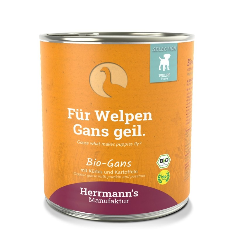 Herrmann's Selection Puppy Bio 800 Gramm Hundenassfutter Sparpaket 12 x 800 Gramm Gans mit Kürbis & Kartoffel