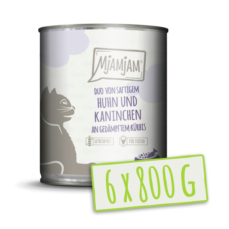 MJAMJAM DUO 800 Gramm Katzennassfutter 6 x 800 Gramm Hühnchen & Kaninchen mit Kürbis