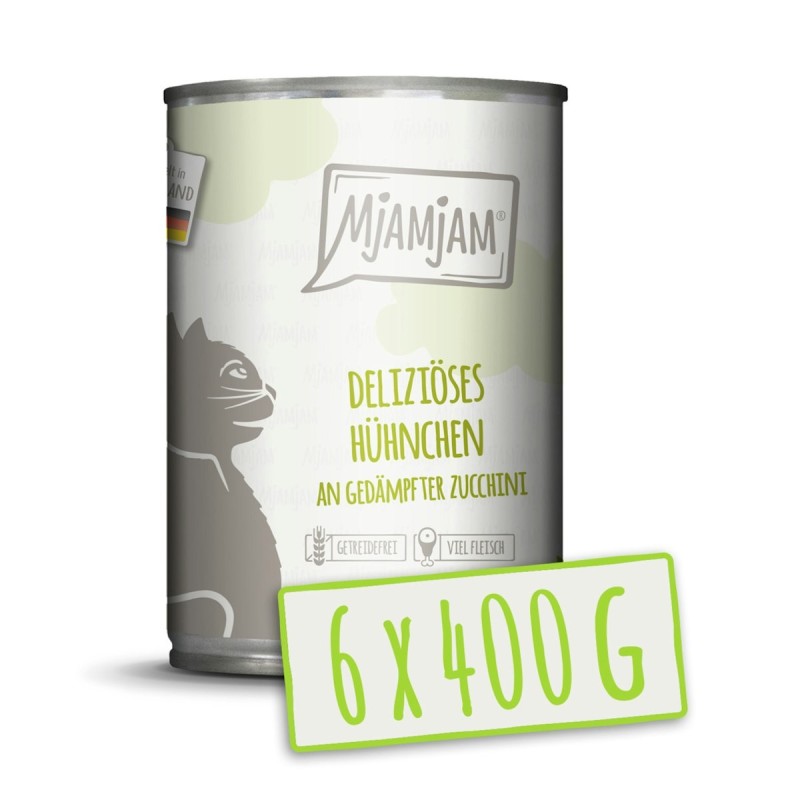 MJAMJAM 400 Gramm Katzennassfutter Sparpaket 12 x 400 Gramm deliziöses Hühnchen mit Zucchini