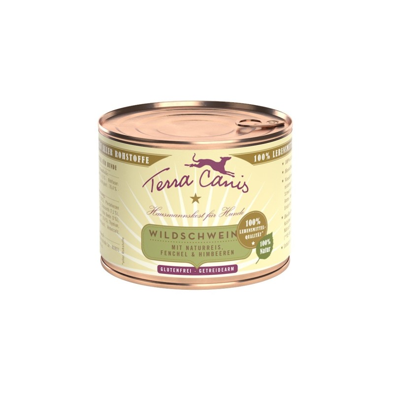 Terra Canis Classic 200g Dose Hundenassfutter 12 x 200 Gramm Wildschwein mit Naturreis, Fenchel & Himbeeren