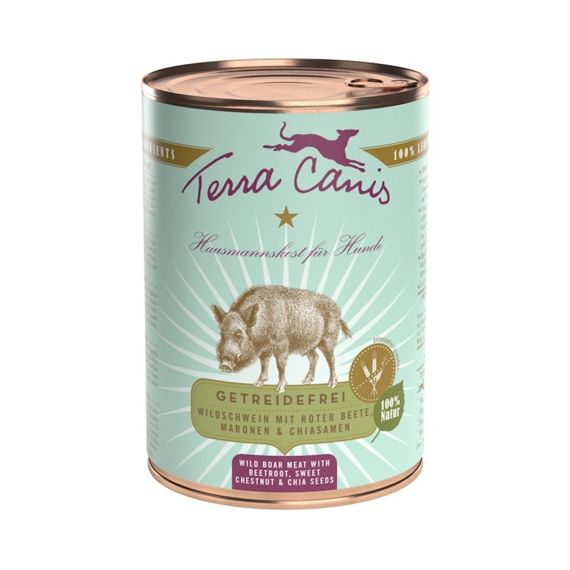 Terra Canis Getreidefrei 400g Dose Hundenassfutter Sparpaket 12 x 400 Gramm Wildschwein mit roter Beete, Maronen & Chiasamen