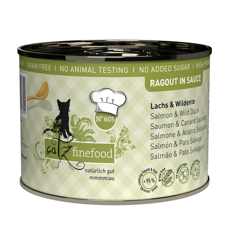 Cats finefood Ragout 190 Gramm Katzennassfutter Sparpaket 12 x 190 Gramm No. 605 Lachs & Wildente