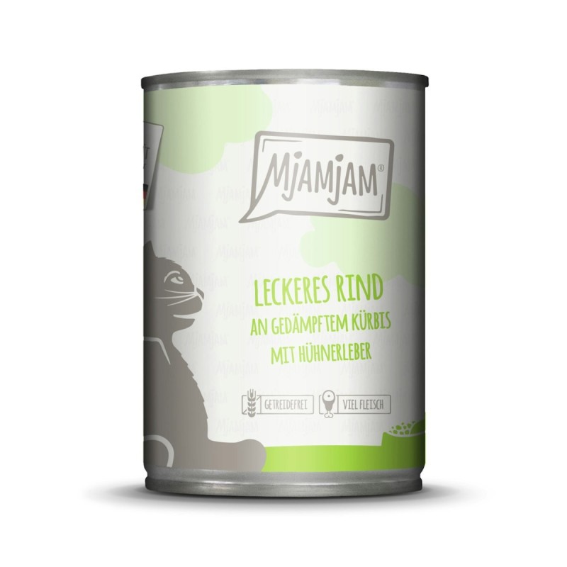 MJAMJAM Leckere Mahlzeit 400g Dose Katzennassfutter Sparpaket 12 x 400 Gramm leckeres Rind an gedämpftem Kürbis