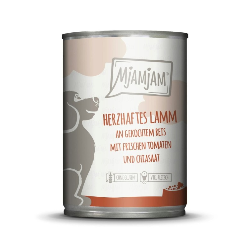 MJAMJAM Leckere Mahlzeit 400g Hundenassfutter Sparpaket 12 x 400 Gramm herzhaftes Lamm an gekochtem Reis mit frischen Tomaten