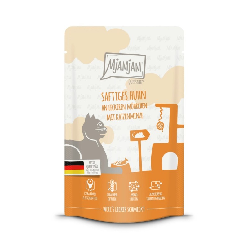 MJAMJAM Quetschies 125g Beutel Katzennassfutter Sparpaket 24 x 125 Gramm saftiges Huhn an leckeren Möhrchen