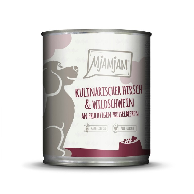 MJAMJAM Leckere Mahlzeit 800g Dose Hundenassfutter 6 x 800 Gramm kulinarischer Hirsch & Wildschwein an Preiselbeeren