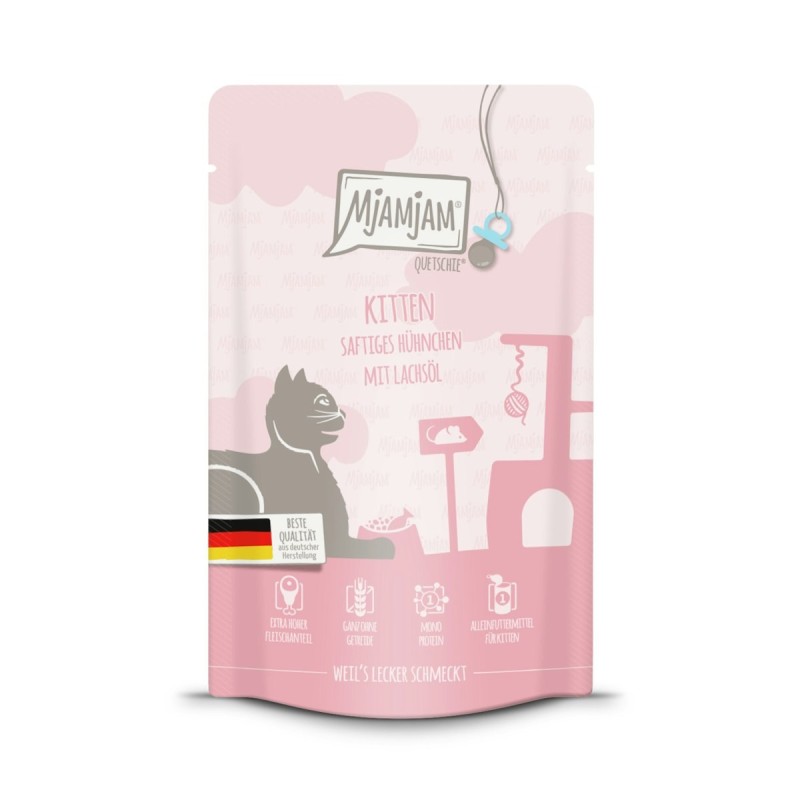 MJAMJAM Quetschies Kitten 125g Beutel Katzennassfutter Sparpaket 24 x 125 Gramm saftiges Huhn mit Lachsöl