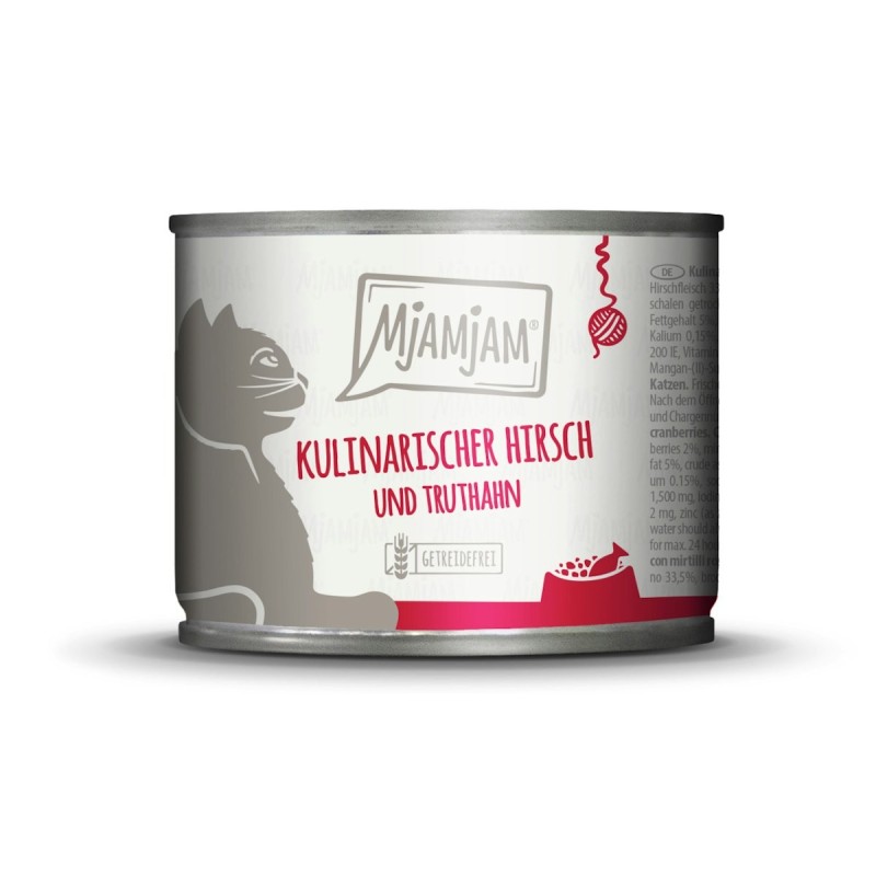 MJAMJAM Leckere Mahlzeit 200g Dose Katzennassfutter Sparpaket 12 x 200 Gramm kulinarischer Hirsch und Truthahn an frischen Cr