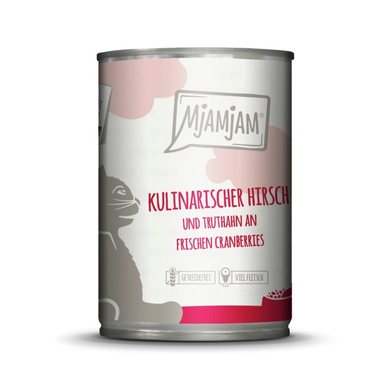 MJAMJAM Leckere Mahlzeit 400g Dose Katzennassfutter Sparpaket 12 x 400 Gramm kulinarischer Hirsch und Truthahn an frischen Cr