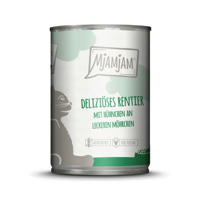 MJAMJAM Leckere Mahlzeit 400g Dose Katzennassfutter Sparpaket 12 x 400 Gramm deliziöses Rentier mit Hühnchen an leckeren Möhr