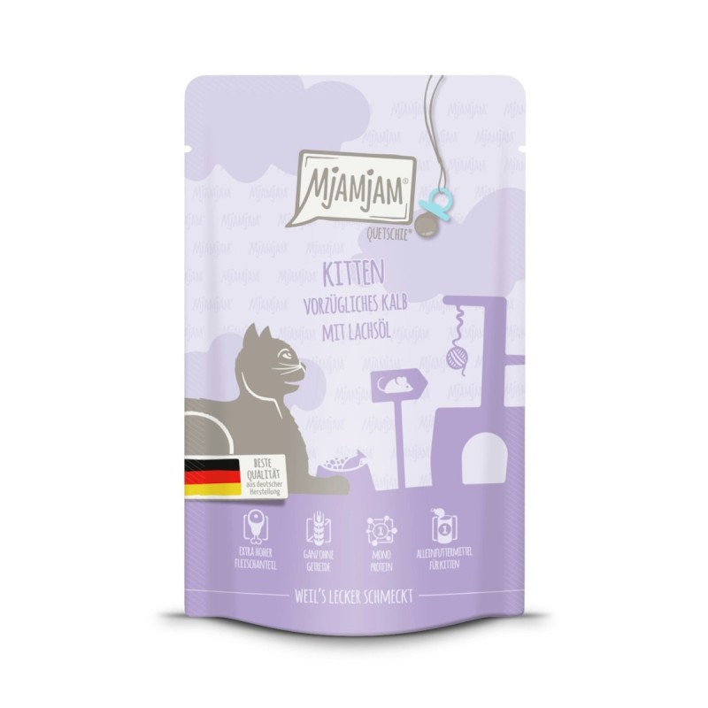 MJAMJAM Quetschies Kitten 125g Beutel Katzennassfutter Sparpaket 24 x 125 Gramm vorzügliches Kalb mit Lachsöl