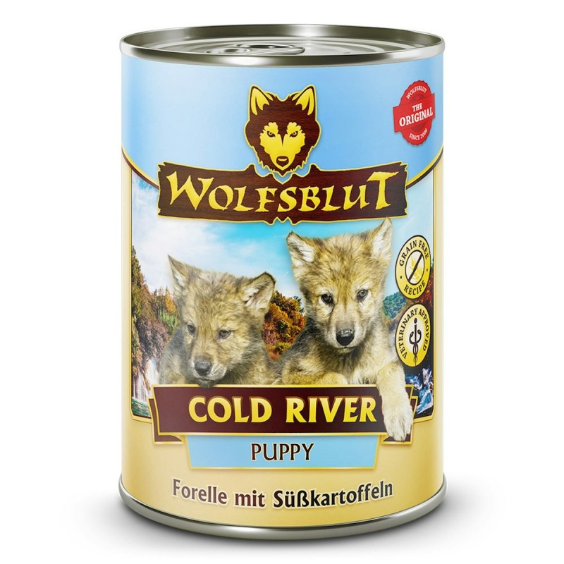 WOLFSBLUT Puppy 395g Hundenassfutter Sparpaket 12 x 395 Gramm Cold River Forelle mit Süßkartoffeln