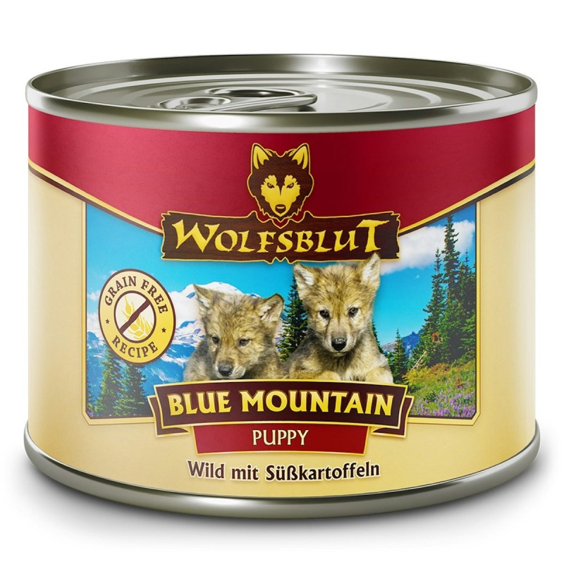 WOLFSBLUT Puppy 200g Hundenassfutter Sparpaket 12 x 200 Gramm Blue Mountain Wild mit Süßkartoffeln