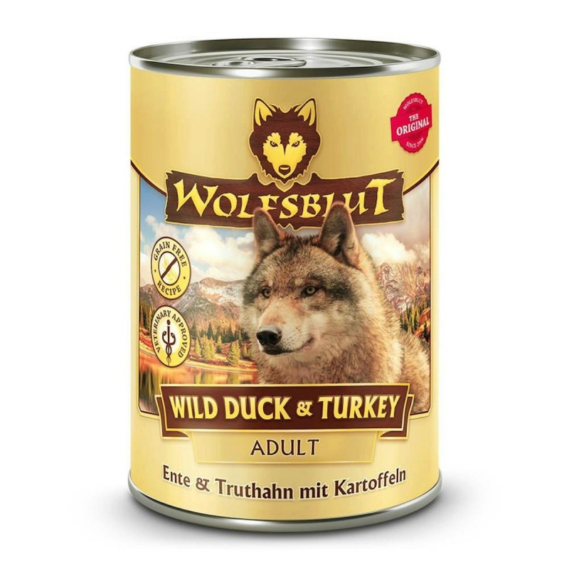 WOLFSBLUT 395g Hundenassfutter Sparpaket 12 x 395 Gramm Wild Duck & Turkey Ente & Truthahn mit Kartoffeln