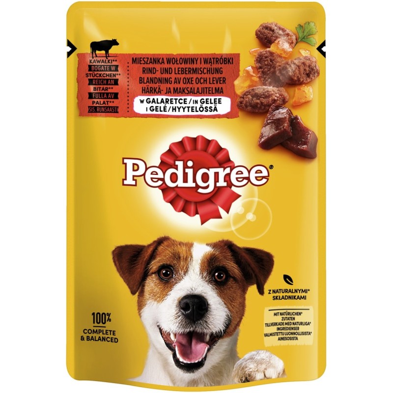 Pedigree 100 Gramm Hundenassfutter Sparpaket 48 x 100 Gramm Rind-und Lebermischung in Gelee