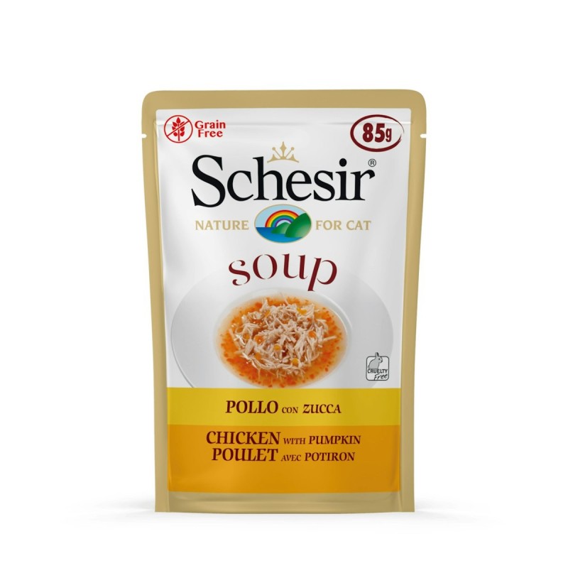 Schesir Cat Soup 85 Gramm Katzennassfutter Sparpaket 40 x 85 Gramm Huhn & Kürbis