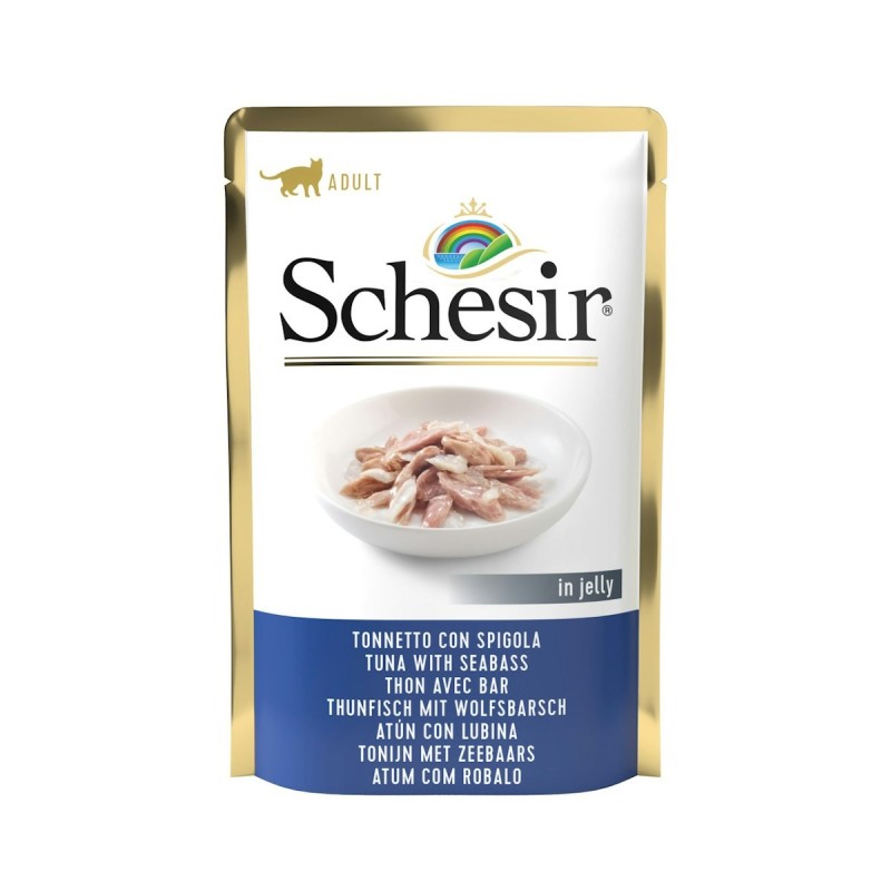 Schesir Jelly Beutel 85 Gramm Katzennassfutter 20 x 85 Gramm Thunfisch mit Wolfsbarsch