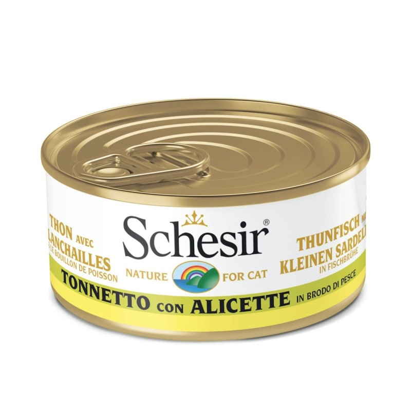 Schesir in Kochbrühe 24 x 70g Dose Katzennassfutter Thunfisch mit kleinen Sardellen in Kochbrühe