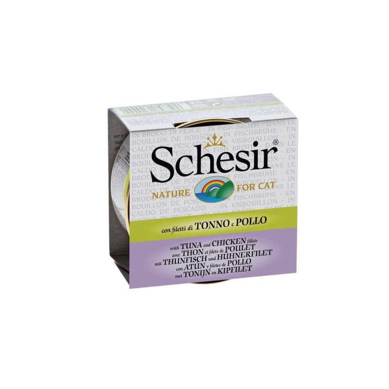 Schesir in Kochbrühe 24 x 70g Dose Katzennassfutter Thunfisch mit Hühnerfilet in Kochbrühe