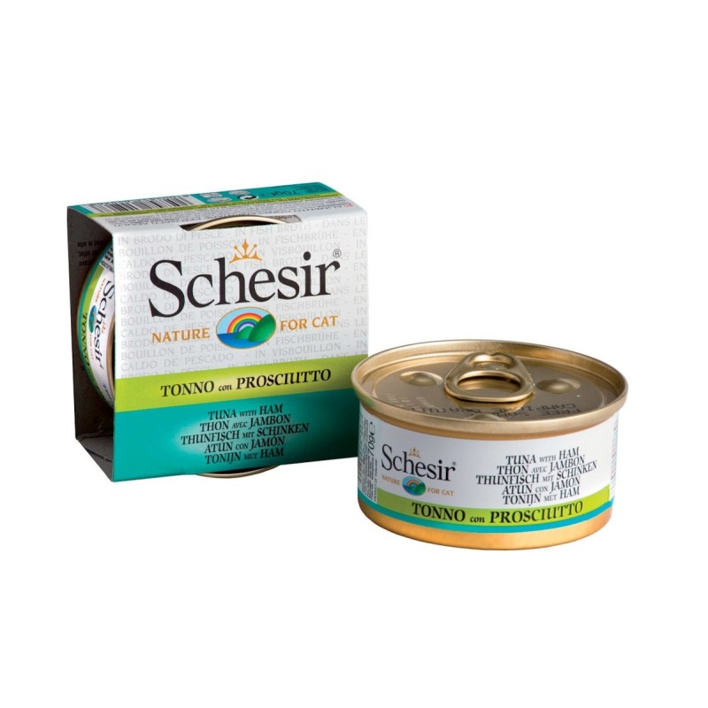 Schesir in Kochbrühe 24 x 70g Dose Katzennassfutter Thunfisch mit Schinken in Kochbrühe