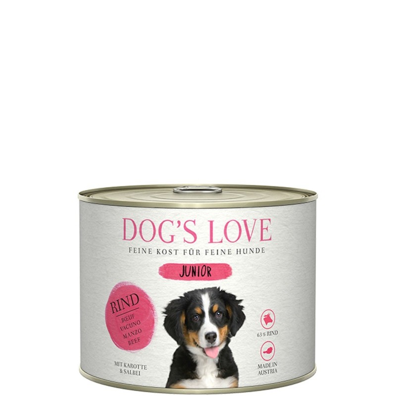 Dog's Love Junior 200g Dose Hundenassfutter Sparpaket 12 x 200 Gramm Rind mit Karotte & Salbei