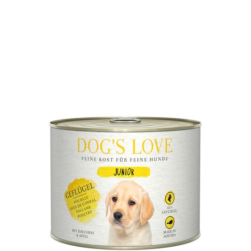 Dog's Love Junior 200g Dose Hundenassfutter Sparpaket 12 x 200 Gramm Geflügel mit Zucchini & Apfel