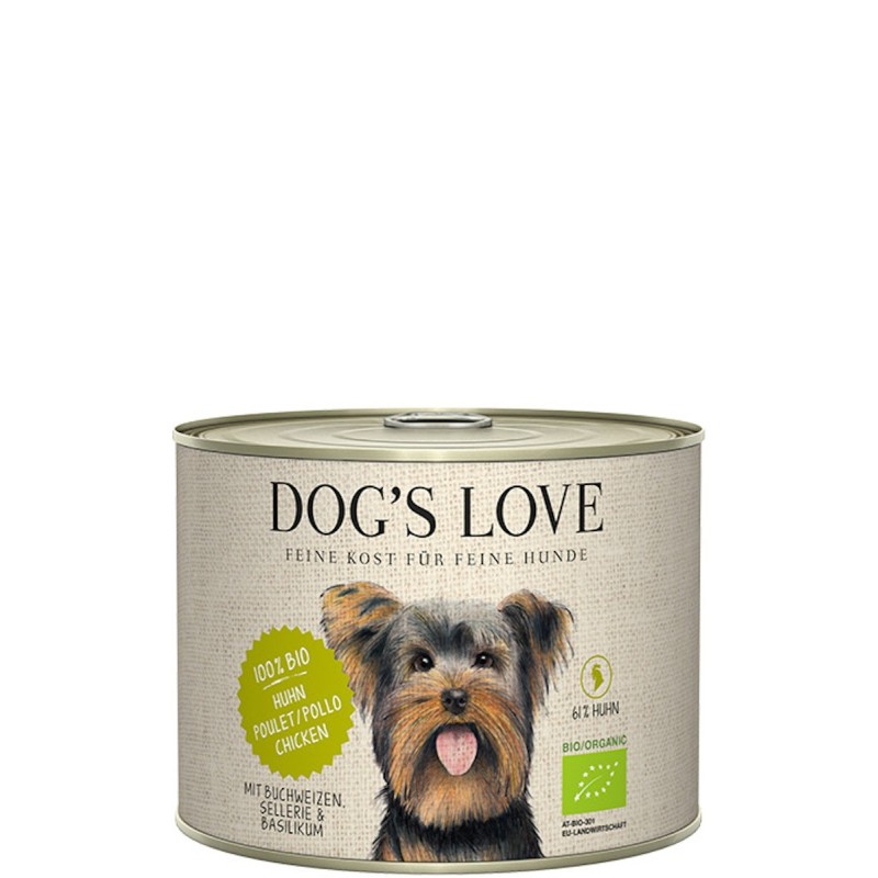 Dog's Love Bio 200g Dose Hundenassfutter Sparpaket 12 x 200 Gramm Huhn mit Buchweizen, Sellerie & Basilikum