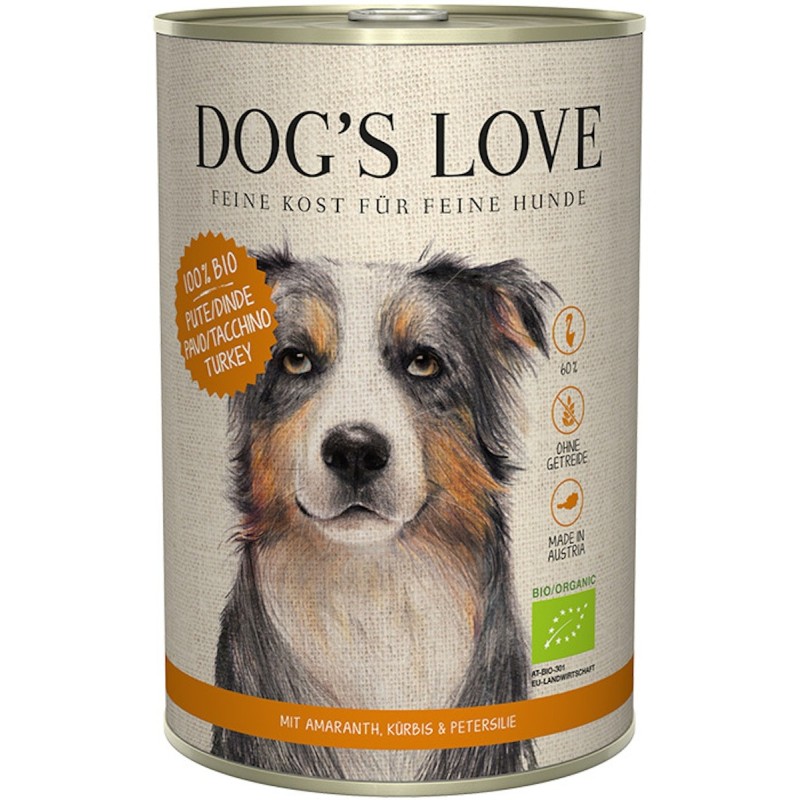 Dog's Love Bio 400g Dose Hundenassfutter 6 x 400 Gramm Pute mit Amaranth, Kürbis & Petersilie